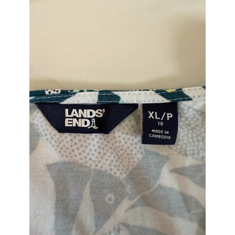 Lands End Womens XL 18 Petite Fish Print Faux Wrap Dress Sleeveless Teal Yellow - Picture 7 of 8
